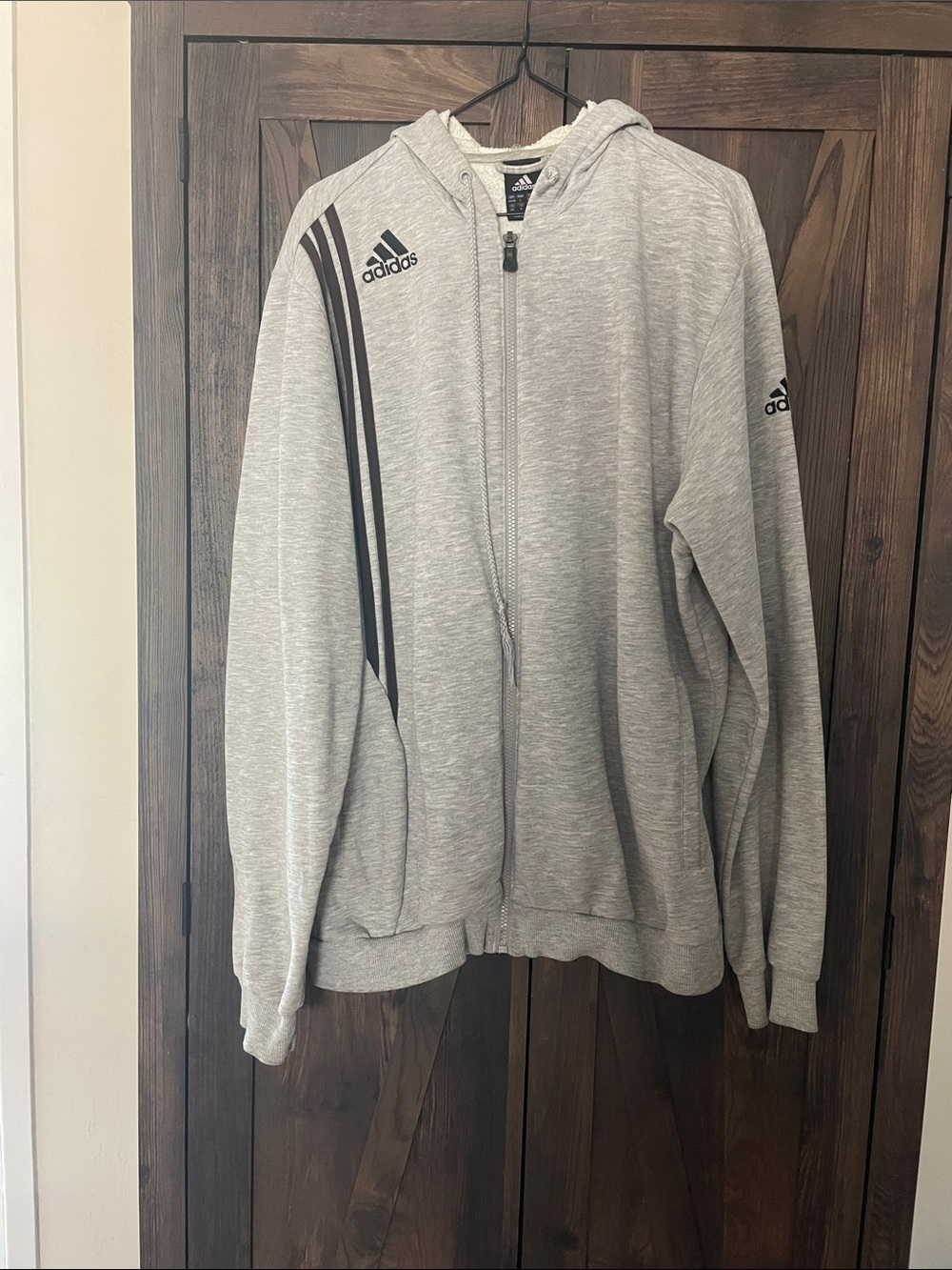 adidas Light Gray Men’s Full-Zip Hoodie with Black Stripes